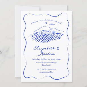 Whimsical Blue Doodle Vineyard Wavy Border Wedding Invitation