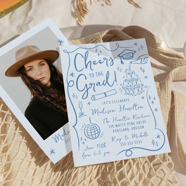 Whimsical Blue Doodles Photo Graduation Party Invitation (Creator Uploaded)