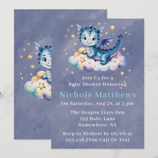 Whimsical Blue Dragon on a Cloud Boy Baby Shower Invitation (Front/Back)