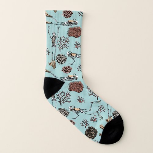 Whimsical Blue Drawing of Scuba Skeleton Divers Socks