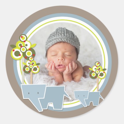 Whimsical Blue Elephants Family Baby Boy Photo Classic Round Sticker