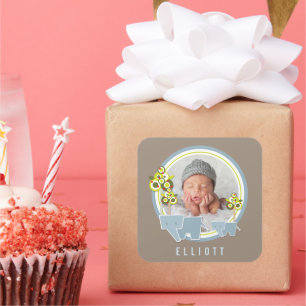 Whimsical Blue Elephants Family Baby Boy Photo Square Sticker