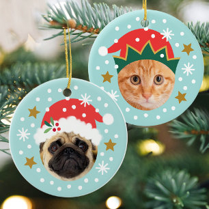 Whimsical Blue Elf Santa Face In Hole 2 Pet Photo Ceramic Ornament