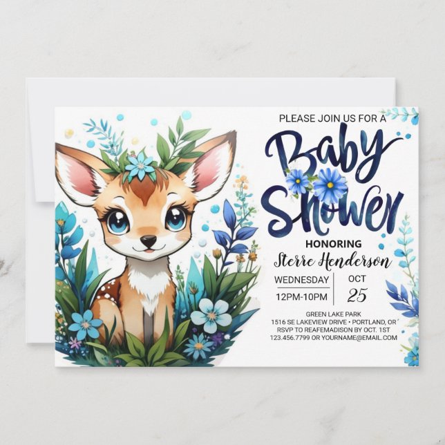 Whimsical Blue Fawn Woodland Baby Shower for Boy Invitation (Front)