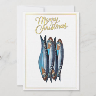 Whimsical Blue Fish Merry Christmas Card with Gold