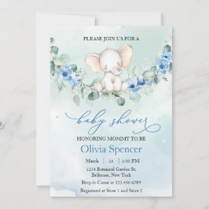 Whimsical Blue Floral Elephant Baby Shower  Invitation