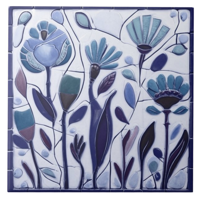 Whimsical Blue Floral Flowers Ceramic Tile (Front)