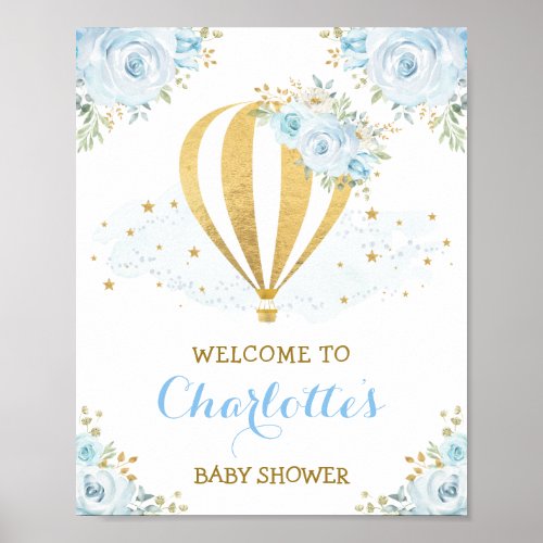 Whimsical Blue Floral Hot Air Balloon Welcome Poster
