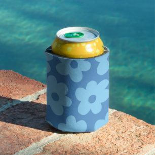Whimsical Blue Floral Retro, Cheerful, Preppy Can Cooler