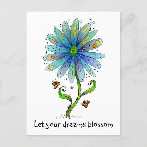 Whimsical Blue Flower And Bugs Postcard