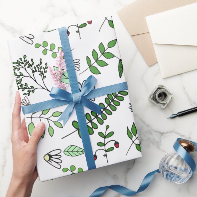 Whimsical Blue Flowers and Forest Leaves  Wrapping Paper (Gifting)