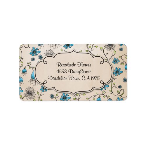 whimsical blue flowers on beige label