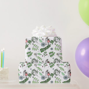 Whimsical Blue Flowers Rabbit and Forest Leaves   Wrapping Paper