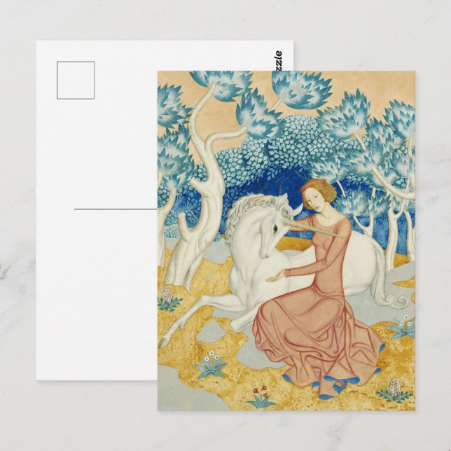 Whimsical Blue Forest Unicorn & Maiden Art Postcard (Front/Back)
