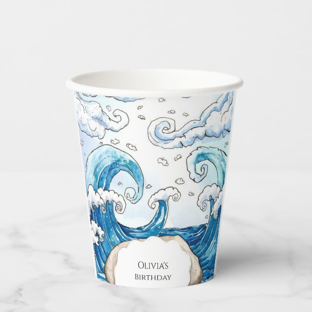 Whimsical Blue Fun Ocean Waves Birthday Paper Cups (Front)