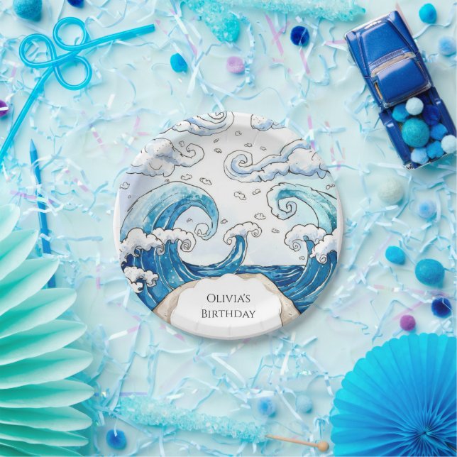 Whimsical Blue Fun Ocean Waves Birthday Paper Plates (Party)
