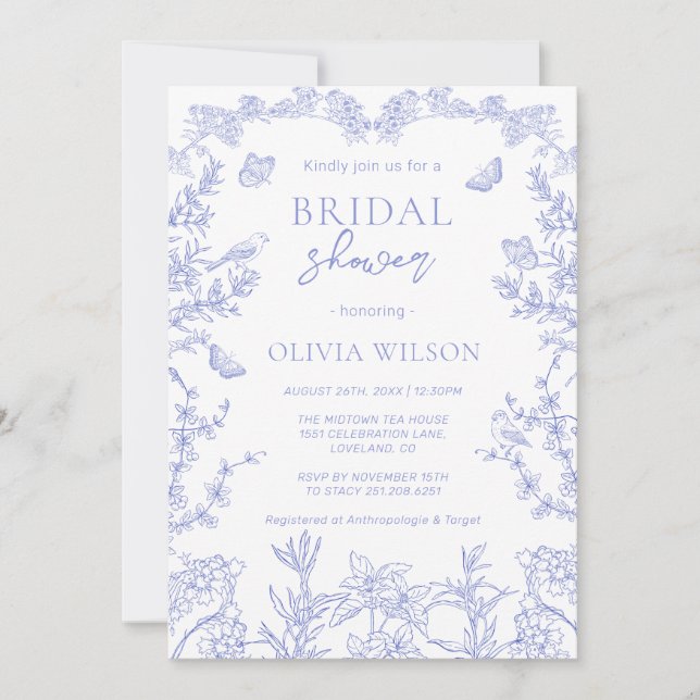 Whimsical Blue Garden Chinoiserie Bridal Shower  Invitation (Front)