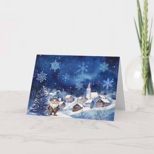Whimsical Blue Gnome & Snowflakes Christmas Card (Front)