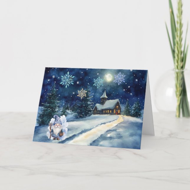 Whimsical Blue Gnome & Snowflakes Christmas Card (Front)