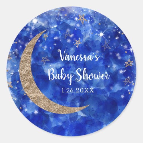 Whimsical Blue Gold Bronze Moon Stars Baby Shower Classic Round Sticker