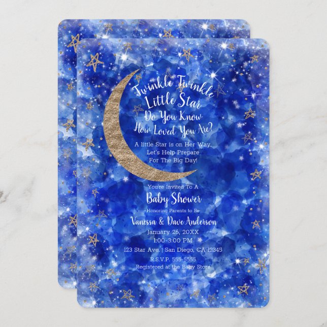Whimsical Blue Gold Bronze Moon Stars Baby Shower Invitation (Front/Back)