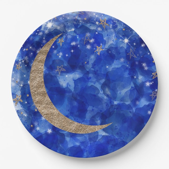 Whimsical Blue Gold Bronze Moon Stars Baby Shower Paper Plates (Front)