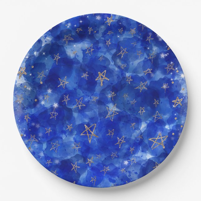 Whimsical Blue Gold Bronze Moon Stars Baby Shower Paper Plates (Front)