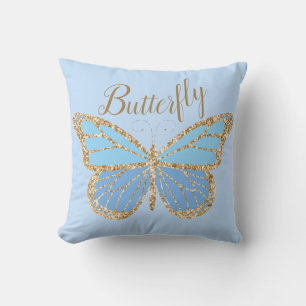 Whimsical Blue Gold Butterfly Throw Pillow