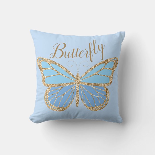 Whimsical Blue Gold Butterfly Throw Pillow (Front)