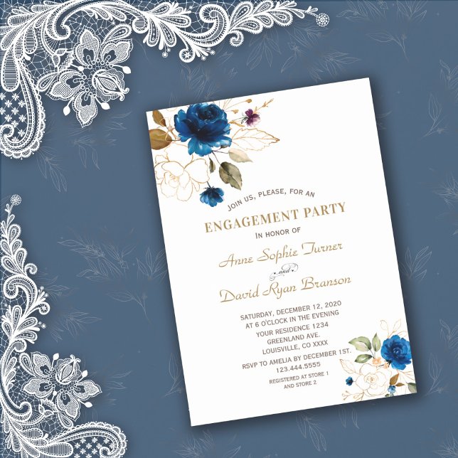 Whimsical Blue Gold Floral Monogram Engagement Invitation (Creator Uploaded)