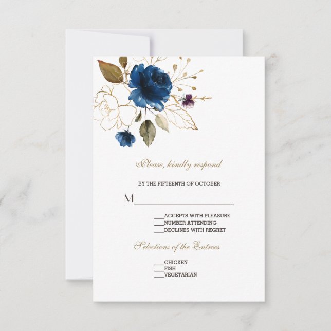 Whimsical Blue Gold Floral Wedding RSVP Card (Front)