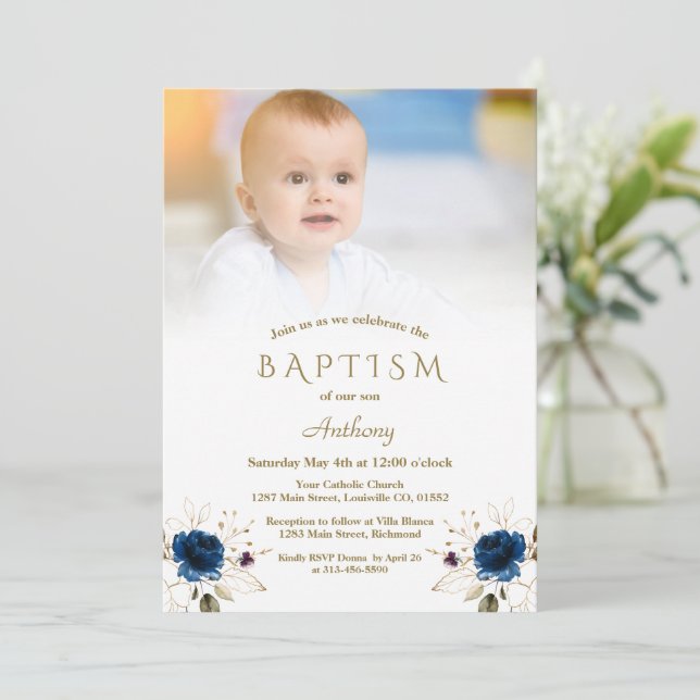 Whimsical Blue Gold Flowers Photo Boy Baptism  Inv Invitation (Standing Front)