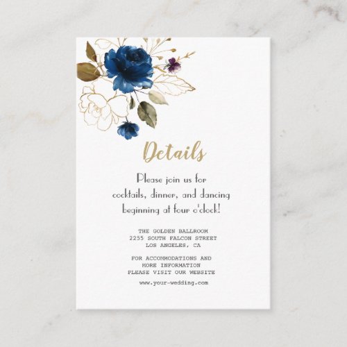 Whimsical Blue Gold Flowers Wedding Details Enclosure Card