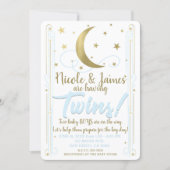 Whimsical Blue Gold Moon Stars Twins Baby Shower Invitation (Front)