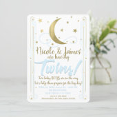 Whimsical Blue Gold Moon Stars Twins Baby Shower Invitation (Standing Front)