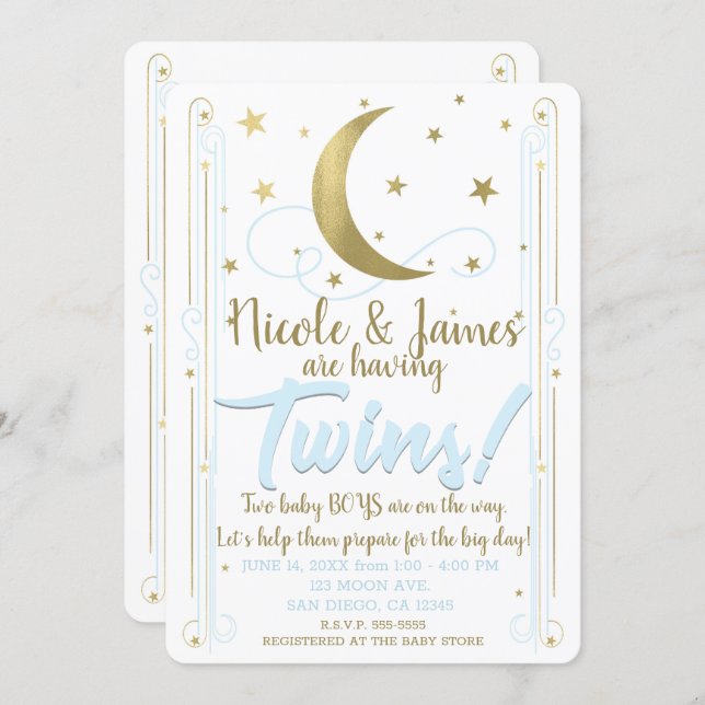 Whimsical Blue Gold Moon Stars Twins Baby Shower Invitation (Front/Back)