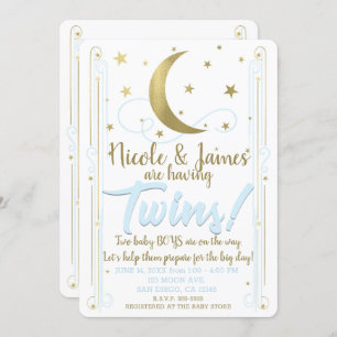 Whimsical Blue Gold Moon Stars Twins Baby Shower Invitation