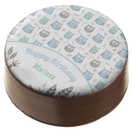 Whimsical Blue Green Owls and Flowers Pattern Chocolate Covered Oreo