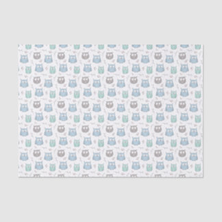 Whimsical Blue Green Owls and Flowers Pattern Tissue Paper