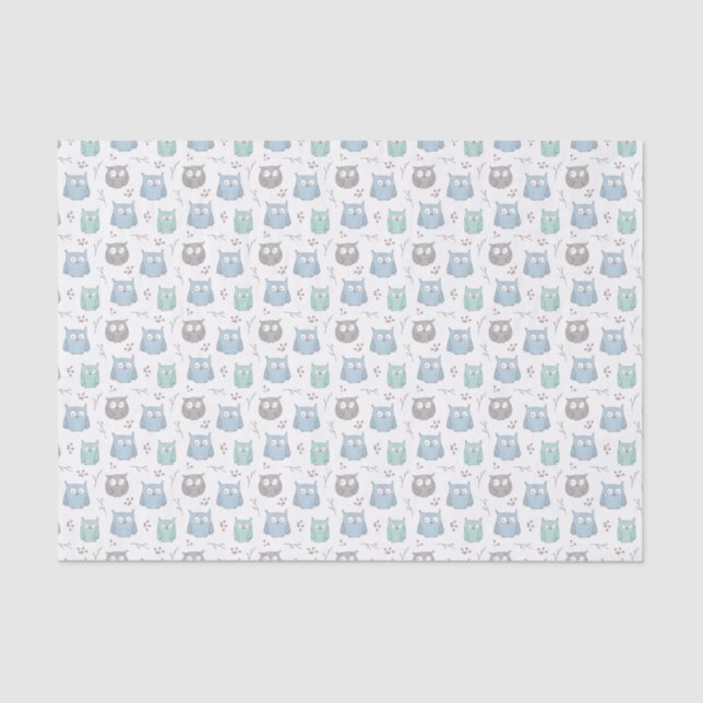 Whimsical Blue Green Owls and Flowers Pattern Tissue Paper (Front)