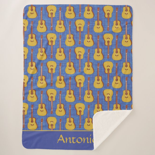 Whimsical Blue Guitar Music Enthusiast Design Sherpa Blanket (Front)