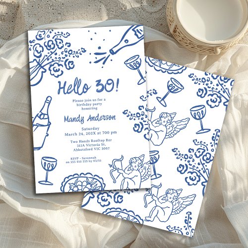 Whimsical Blue Hand Drawn 30th Birthday Party Invitation