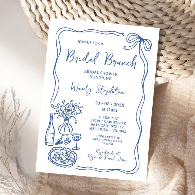 Whimsical Blue Hand Drawn Brunch Bridal Shower Invitation (Whimsical Blue Hand Drawn Bridal Shower Invitation, Doodle, Bridal Brunch Bridal Shower Invite Food)