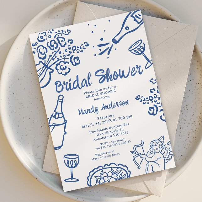 Whimsical Blue Hand Drawn Cherub Bridal Shower Invitation (Hand Drawn Bridal Shower Invitation, Bridal Shower Invitations, Hand Drawn Bridal Invitation Blue)