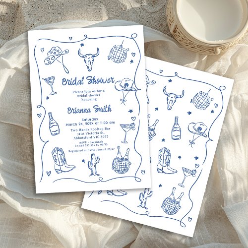 Whimsical Blue Hand Drawn Cowgirl Bridal Shower Invitation