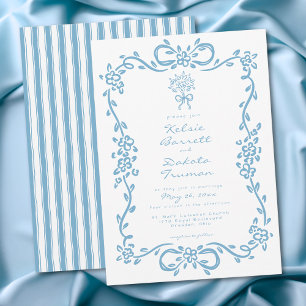 Whimsical Blue Hand Drawn Floral Stripe Wedding Invitation