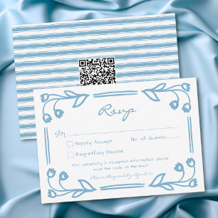 Whimsical Blue Hand Drawn Floral Stripe Wedding QR RSVP Card