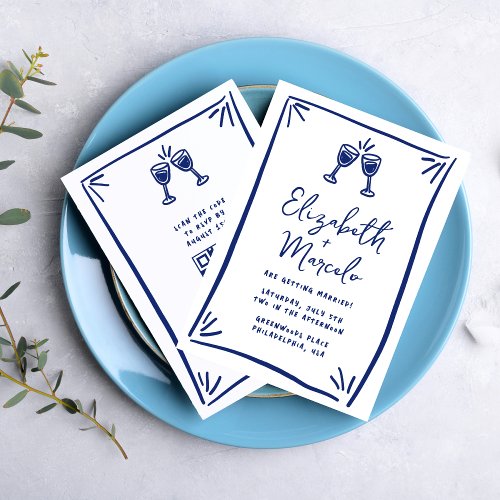 Whimsical Blue Hand Drawn Quirky Wedding  Invitation