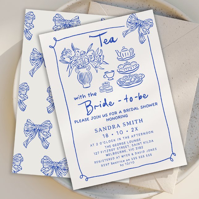 Whimsical Blue Hand Drawn Tea Party Bridal Shower  Invitation (Hand Drawn Bridal Tea Invitation, Tea with the Bride to Be Invitation, Whimsical Tea Bridal Shower )