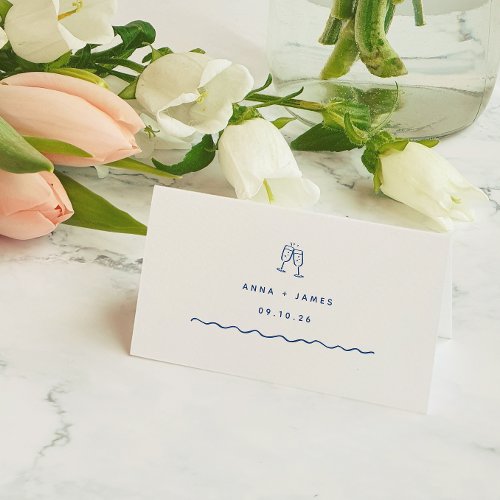 Whimsical Blue Hand Drawn Wedding Place Card